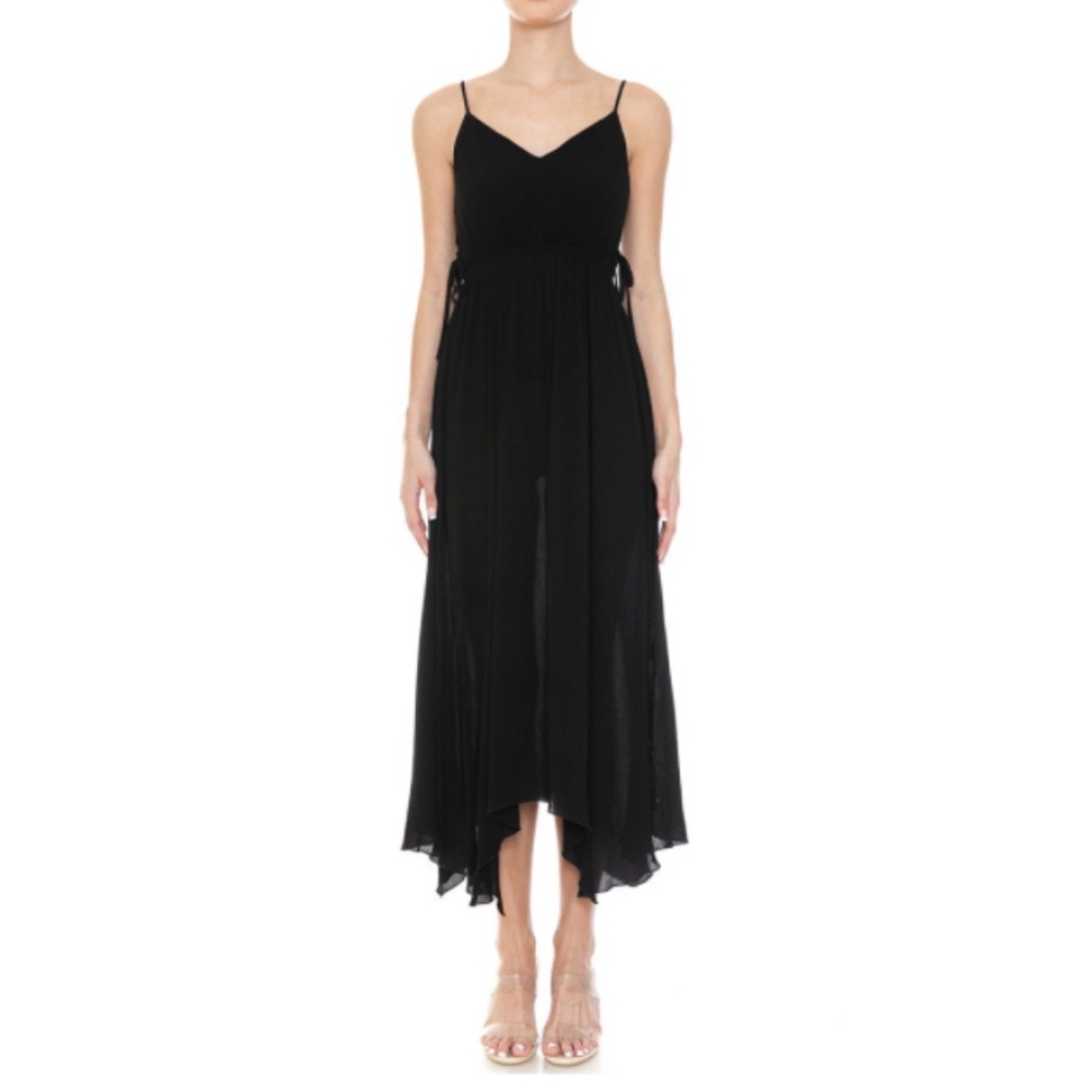 NEW BLACK Maxi/Midi Woven Dress Sharkbite Asymmetrical Hem w/Side Lace Up- S-M-L